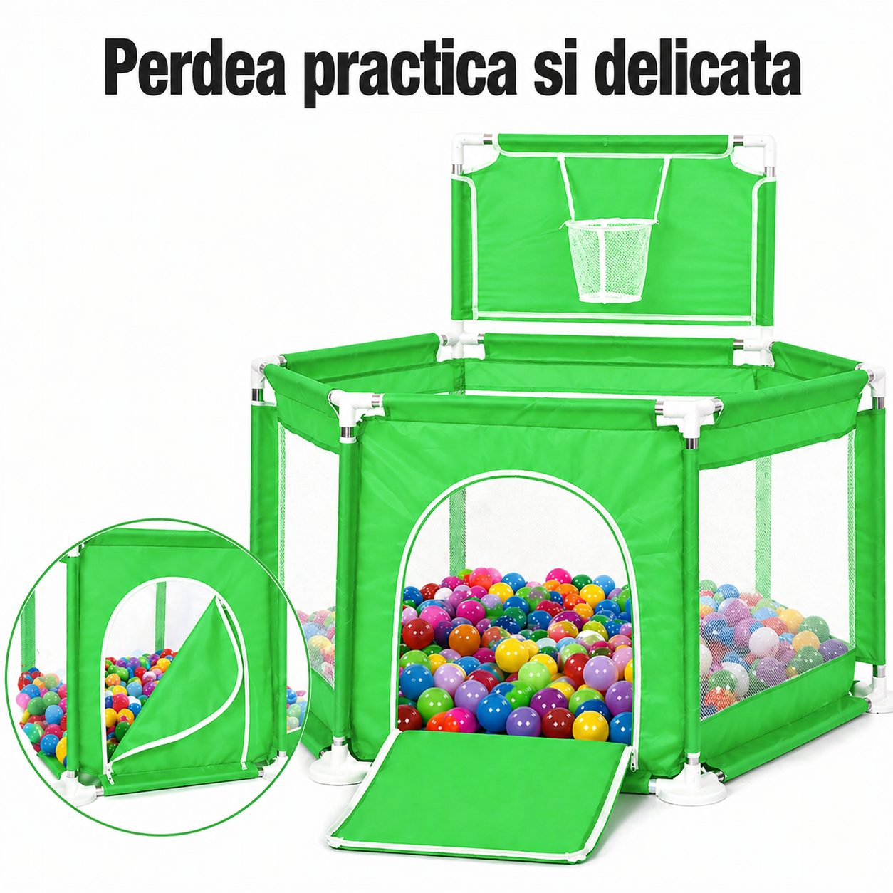 Vedere laterala tarc de joaca cu plasa protectoare