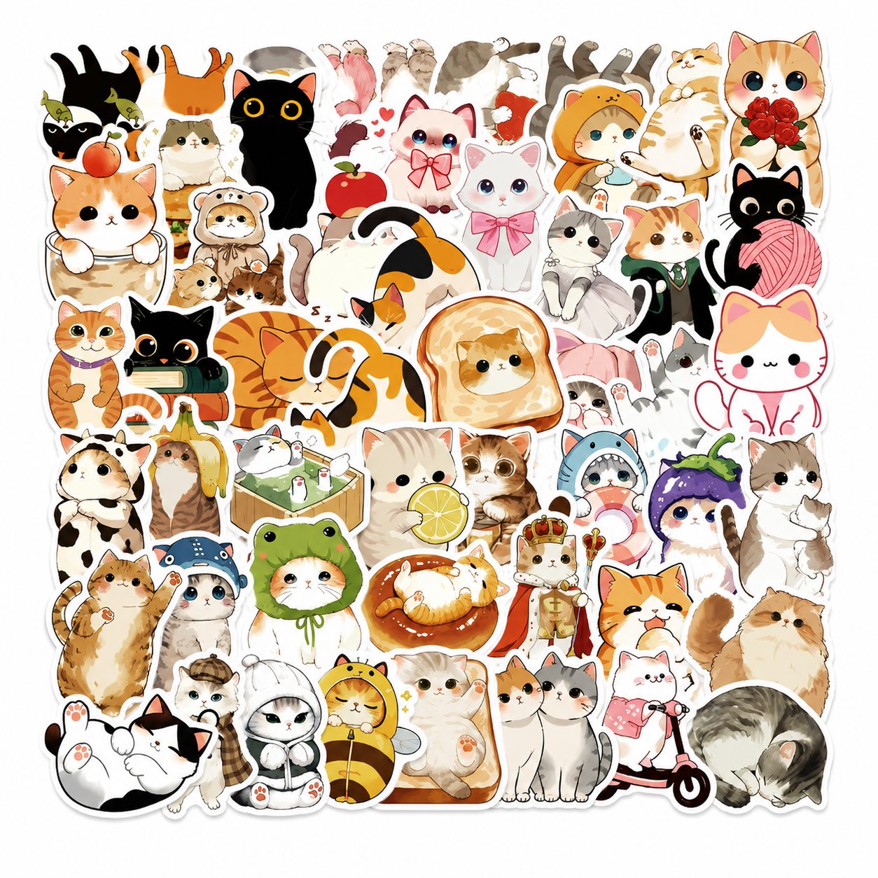 Set 50 Stickere Decorative, Modele Pisici Cartoon Dragute, Impermeabile, Aproximativ 5.27 x 5.42 cm, Multicolor