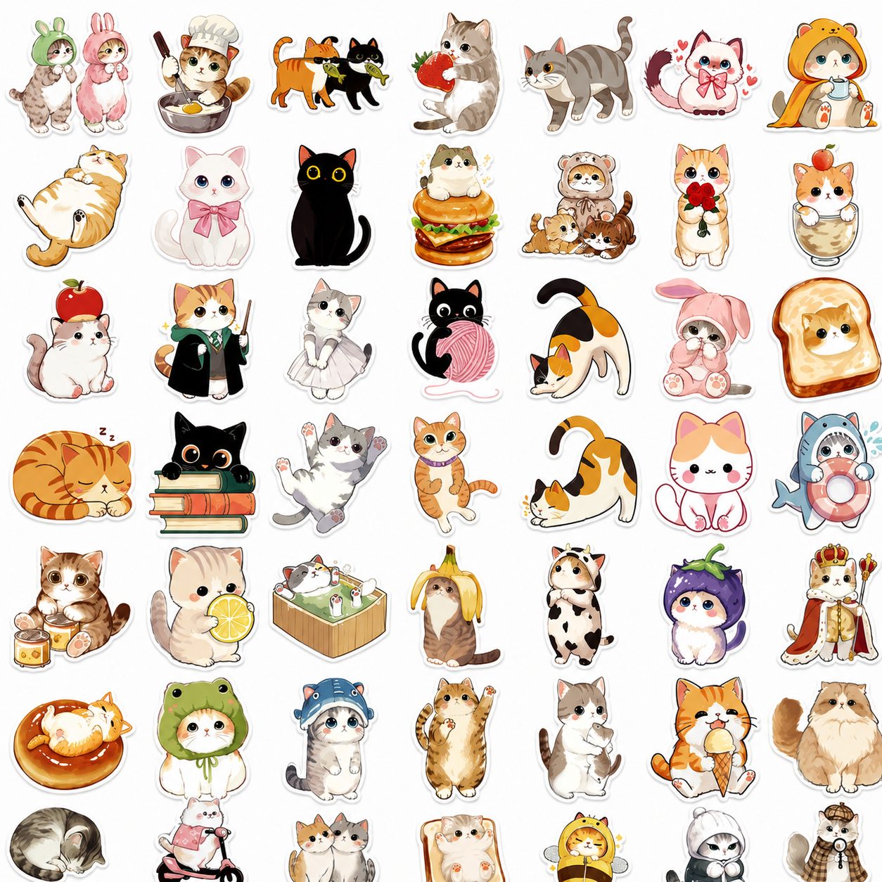 Set 50 Stickere Decorative, Modele Pisici Cartoon Dragute, Impermeabile, Aproximativ 5.27 x 5.42 cm, Multicolor