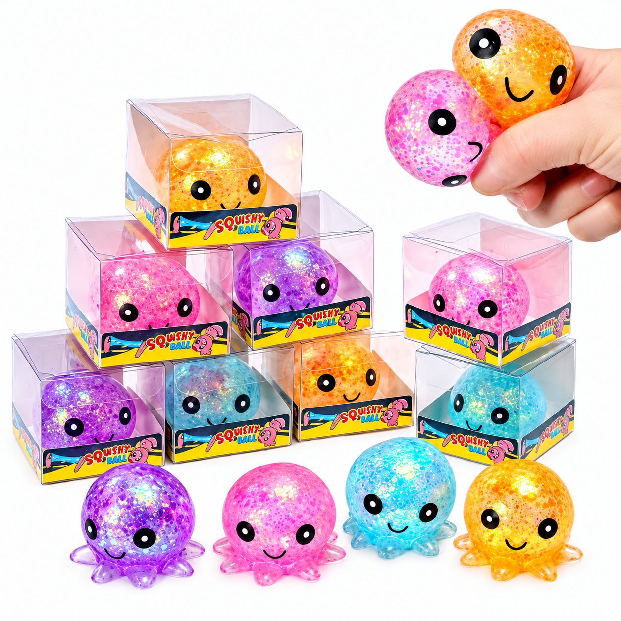 Jucarie Antistres Squishy, Model Caracatita cu Sclipici, Textura Moale, 6 x 6 x 4.5 cm, 61 g, Roz