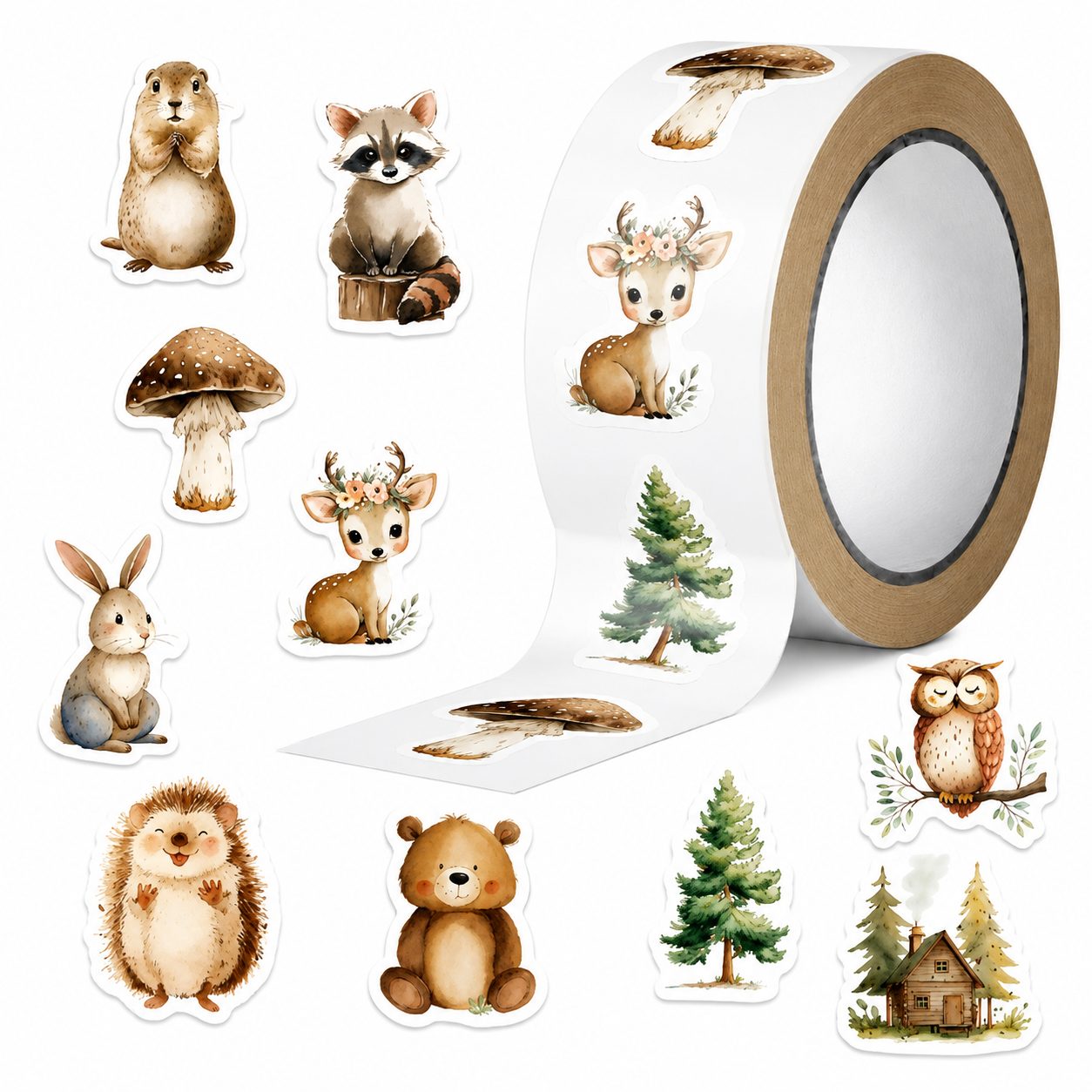Rola cu 500 Stickere Decorative, 10 Modele cu Animale de Padure, Tip Washi Tape, pentru Jurnal, Caiete si Activitati DIY, Latime Rola 3 cm, Multicolor