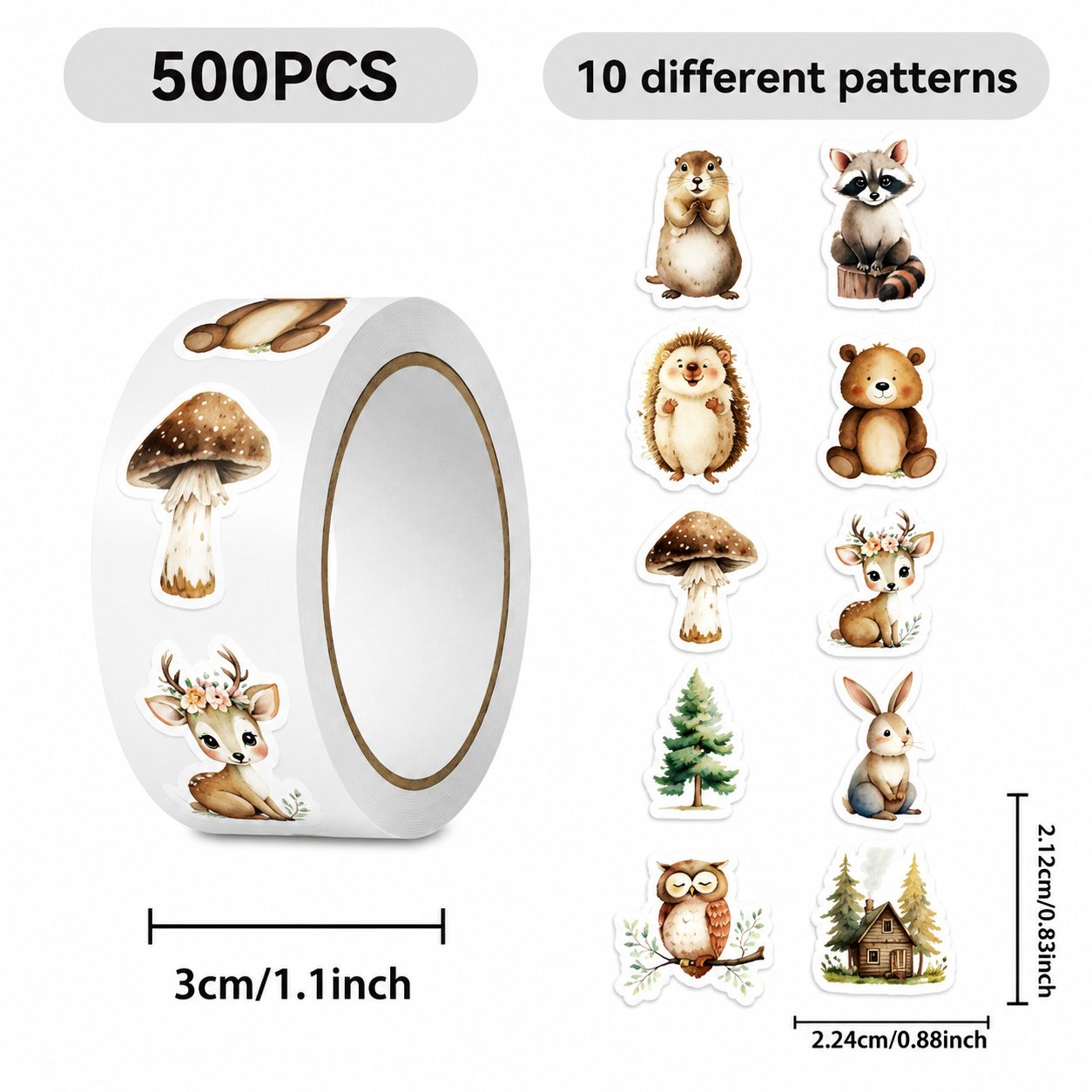 Rola cu 500 Stickere Decorative, 10 Modele cu Animale de Padure, Tip Washi Tape, pentru Jurnal, Caiete si Activitati DIY, Latime Rola 3 cm, Multicolor
