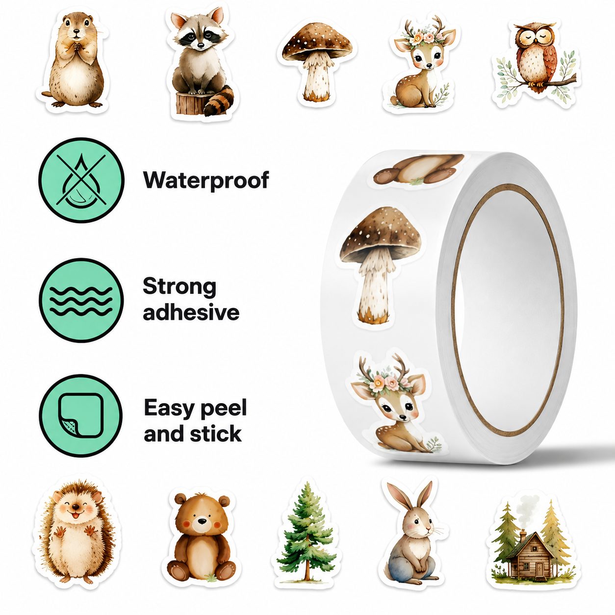 Rola cu 500 Stickere Decorative, 10 Modele cu Animale de Padure, Tip Washi Tape, pentru Jurnal, Caiete si Activitati DIY, Latime Rola 3 cm, Multicolor