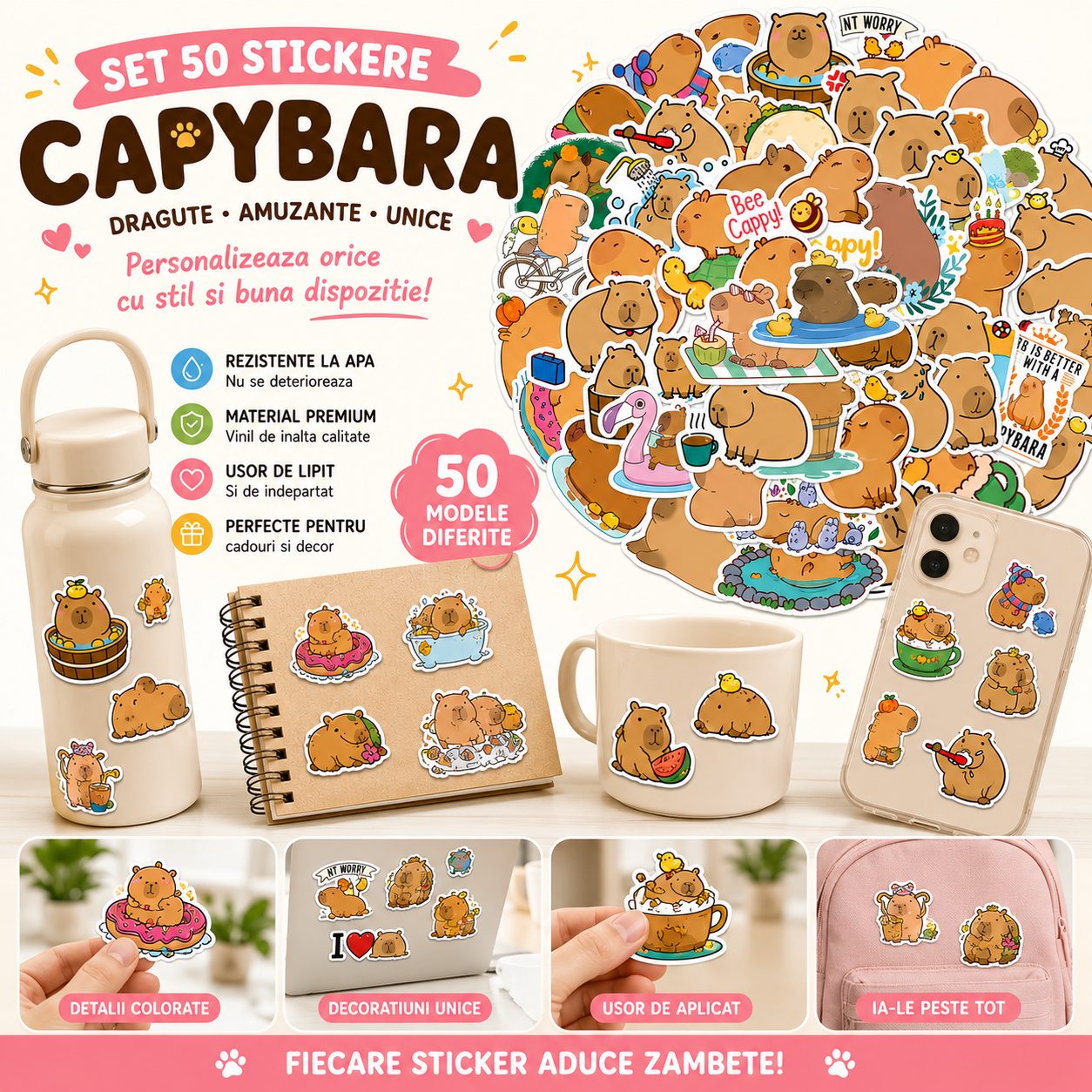 50 Sheets Cartoon Capybara Graffiti Stickers, Waterproof DIY Decals for Laptop, Water Bottle, Luggage, Guitar & Notebook