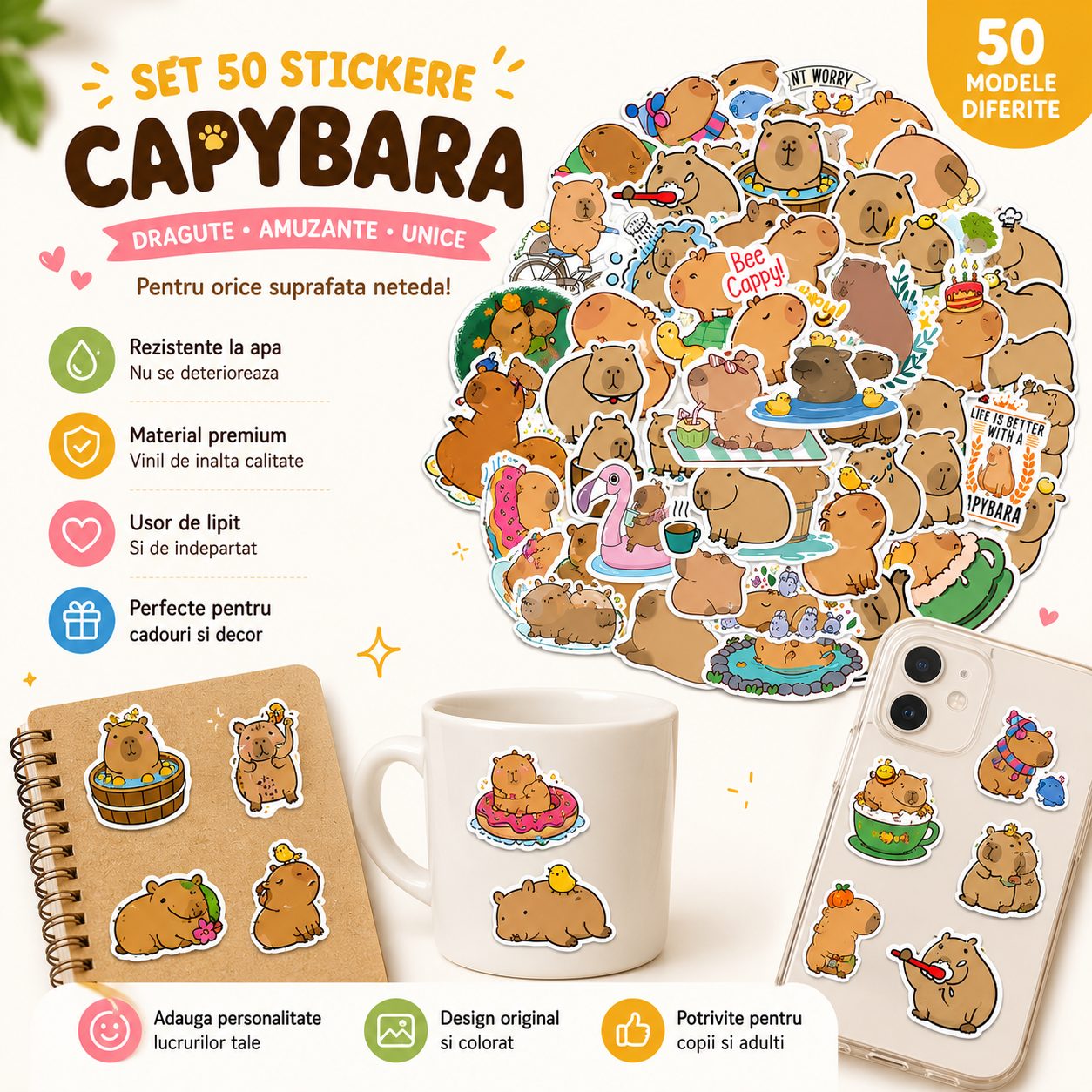 50 Sheets Cartoon Capybara Graffiti Stickers, Waterproof DIY Decals for Laptop, Water Bottle, Luggage, Guitar & Notebook
