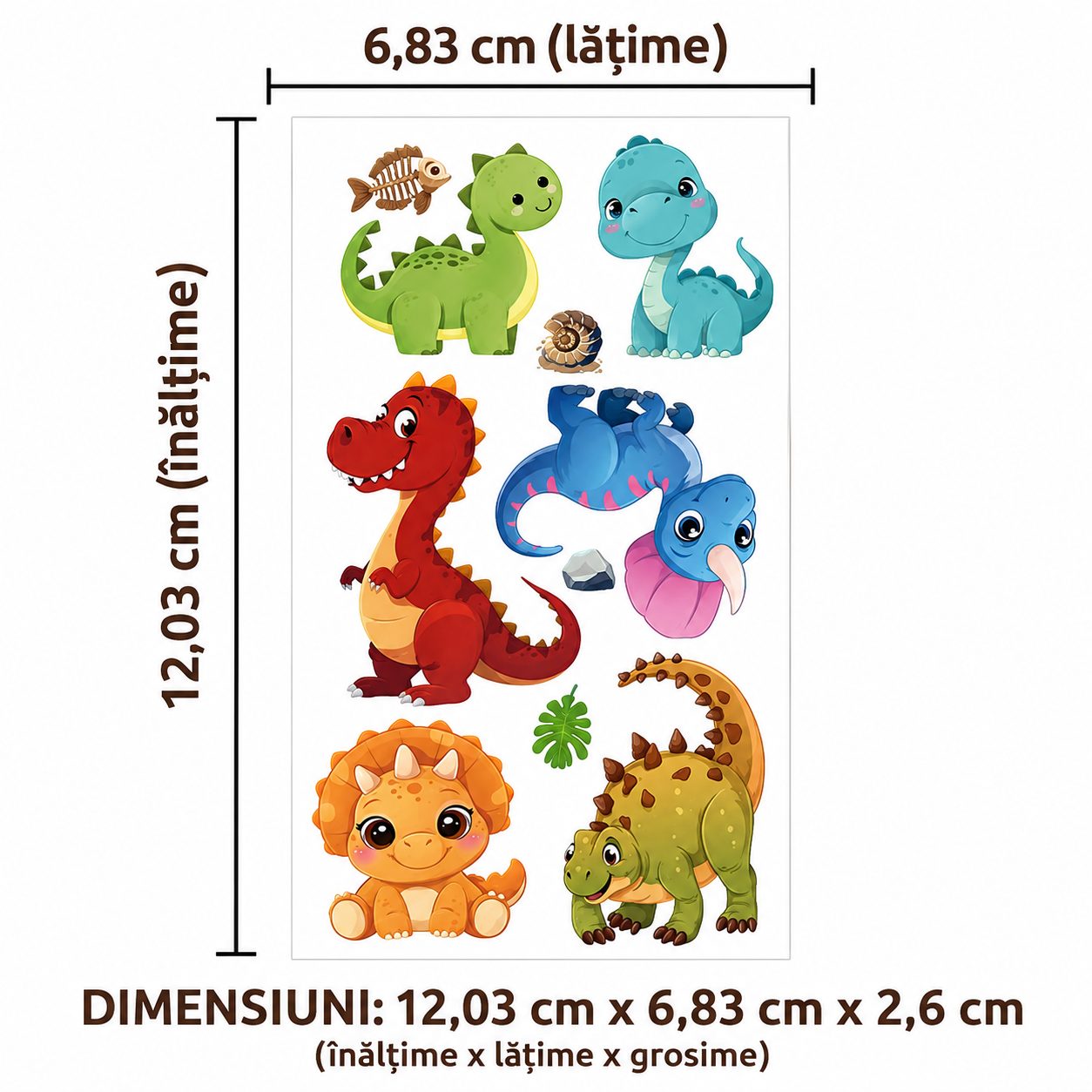 Set Tatuaje Temporare pentru Copii, Modele Dinozauri Cartoon, Impermeabile, cu T-Rex si Animale Preistorice, Petreceri si Activitati Creative, Foaie 12.03 x 6.83 cm, Multicolor