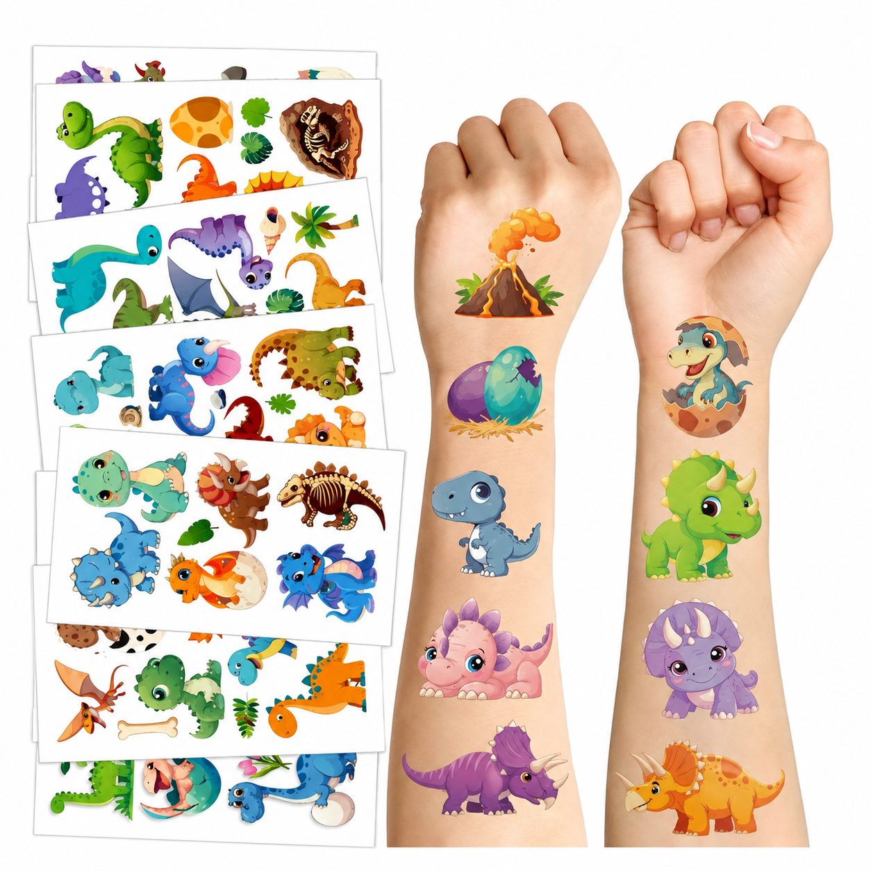 Set Tatuaje Temporare pentru Copii, Modele Dinozauri Cartoon, Impermeabile, cu T-Rex si Animale Preistorice, Petreceri si Activitati Creative, Foaie 12.03 x 6.83 cm, Multicolor