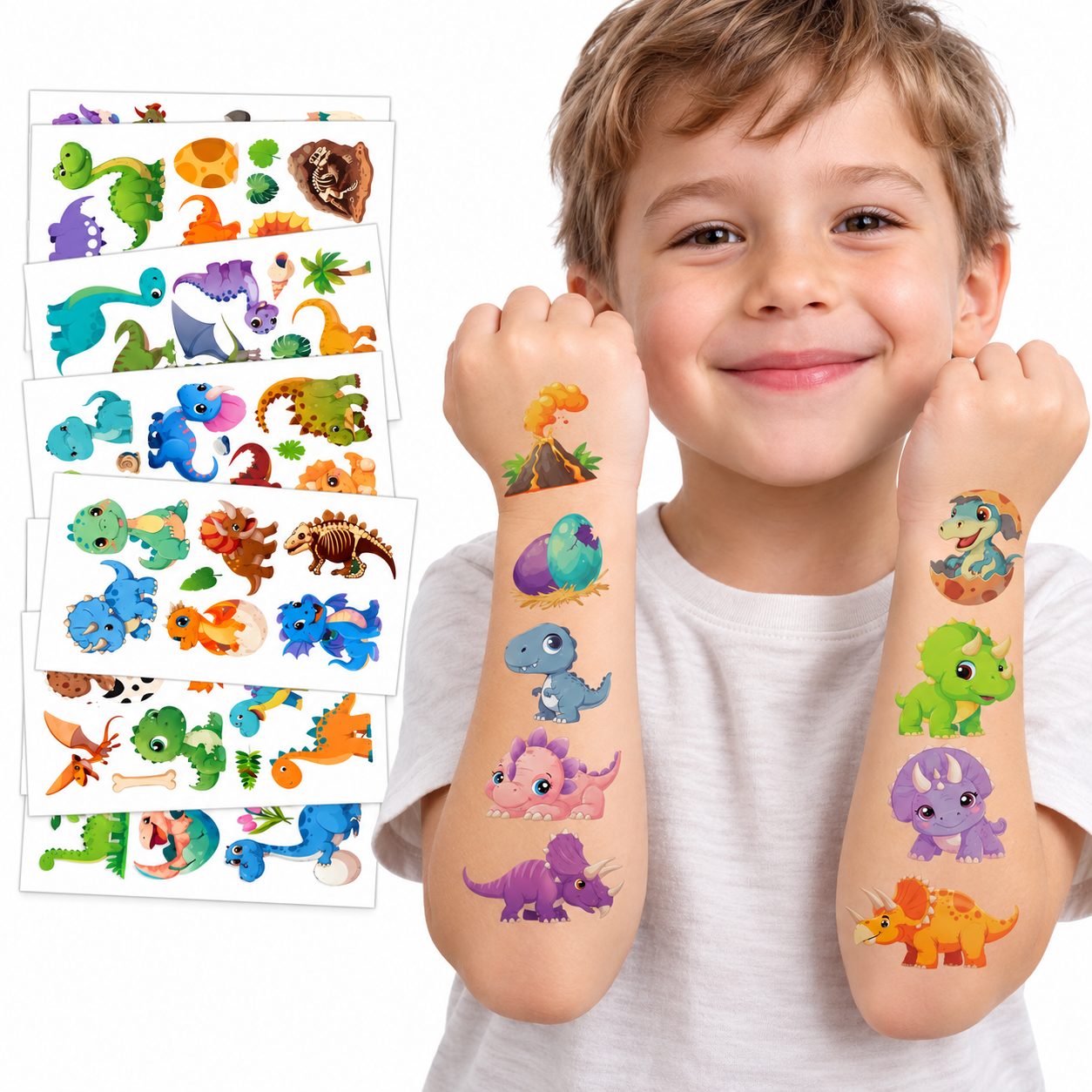 Set Tatuaje Temporare pentru Copii, Modele Dinozauri Cartoon, Impermeabile, cu T-Rex si Animale Preistorice, Petreceri si Activitati Creative, Foaie 12.03 x 6.83 cm, Multicolor