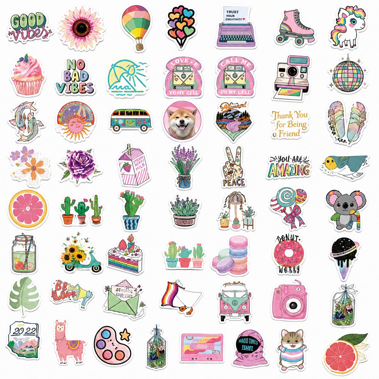 Set 50 Stickere Decorative, Modele Cartoon si Graffiti, Animale, Peisaje si Astronauti, Impermeabile, Aproximativ 5 x 6 cm, Multicolor