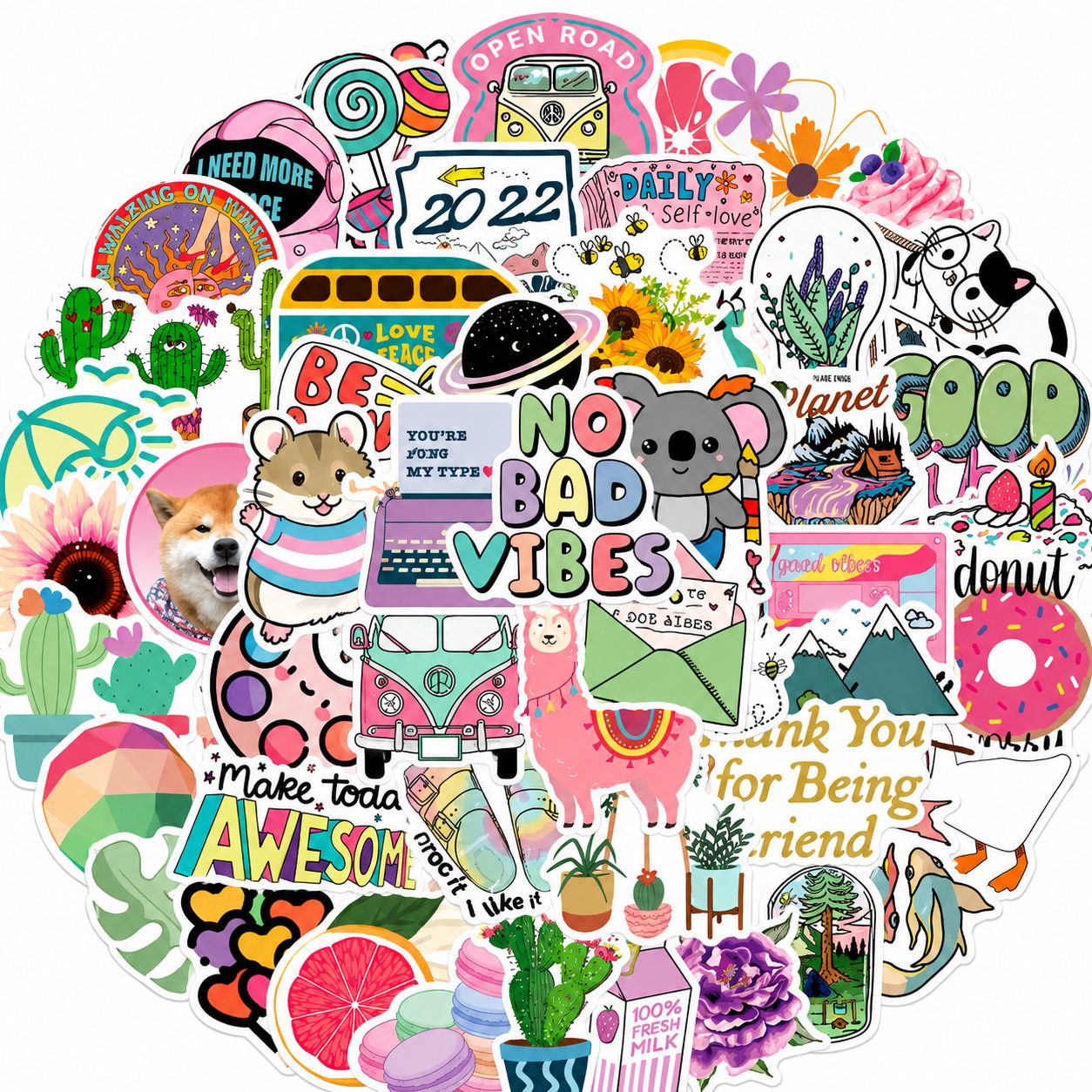 Set 50 Stickere Decorative, Modele Cartoon si Graffiti, Animale, Peisaje si Astronauti, Impermeabile, Aproximativ 5 x 6 cm, Multicolor