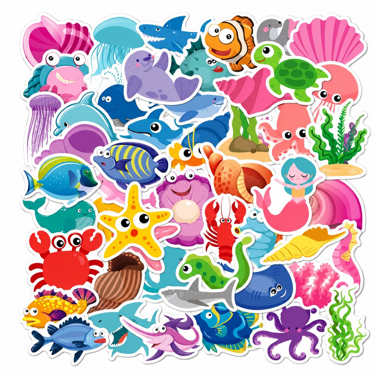 Set 50 Stickere Decorative, Tema Lumea Marina, Personaje si Animale Acvatice, Folie Mata, pentru Ghiozdan si Bagaje, Aproximativ 5-6 cm, Multicolor