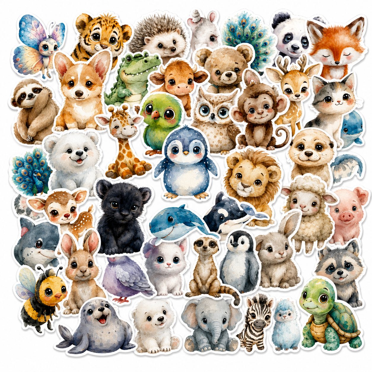 Set 50 Stickere Decorative, Modele Animale Cartoon in Stil Acuarela, Impermeabile, Aproximativ 5.27 x 5.43 cm, Multicolor