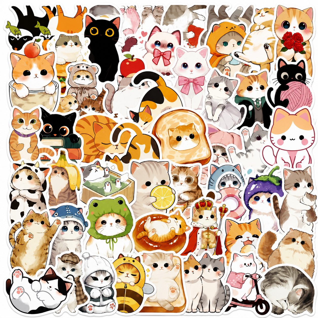 Set 50 Stickere Decorative, Modele Pisici Cartoon Dragute, Impermeabile, Aproximativ 5.27 x 5.46 cm, Multicolor