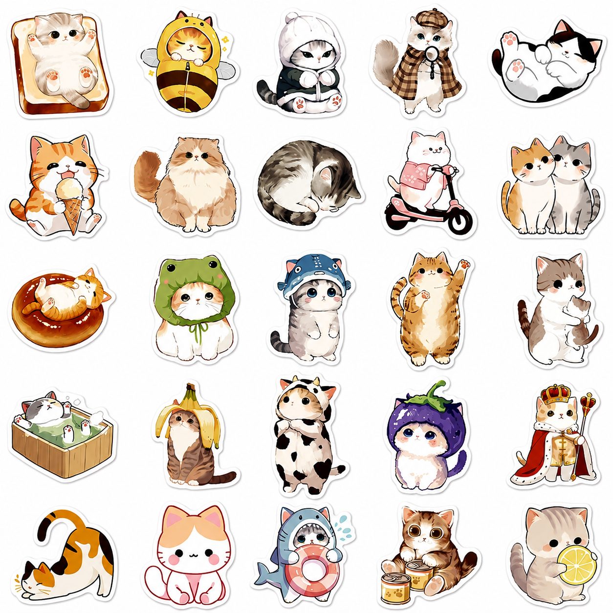Set 50 Stickere Decorative, Modele Pisici Cartoon Dragute, Impermeabile, Aproximativ 5.27 x 5.46 cm, Multicolor