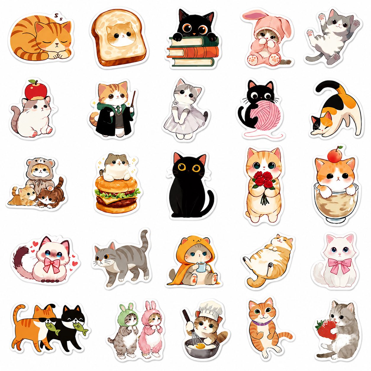 Set 50 Stickere Decorative, Modele Pisici Cartoon Dragute, Impermeabile, Aproximativ 5.27 x 5.46 cm, Multicolor