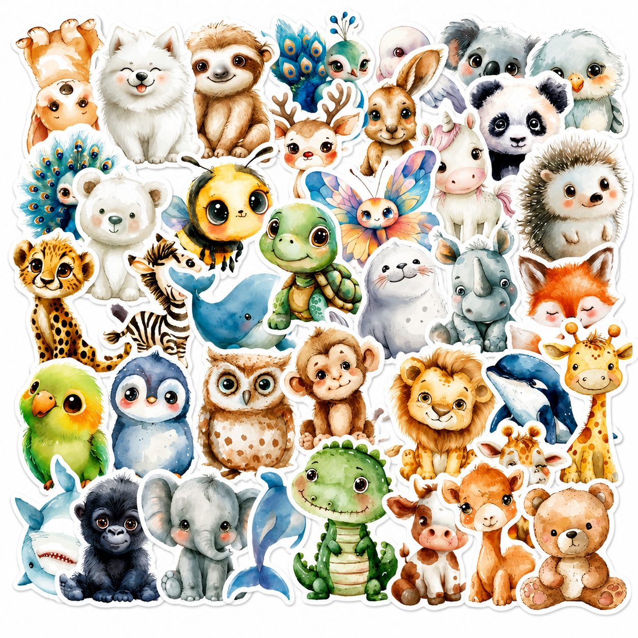 Set 50 Stickere Decorative, Modele Animale in Stil Acuarela, Impermeabile, Aproximativ 5.27 x 5.46 cm, Multicolor
