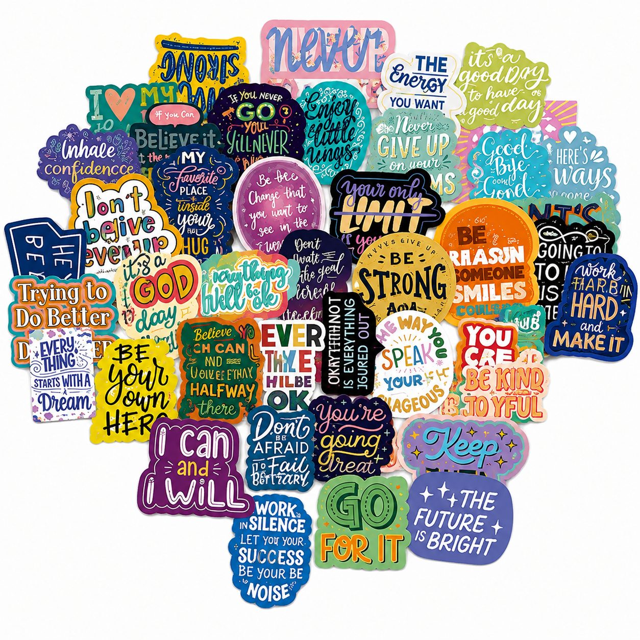 Set 50 Stickere Decorative, cu Mesaje Motivationale si Citate Inspirationale in Limba Engleza, Impermeabile, Aproximativ 5.27 x 5.43 cm, Multicolor
