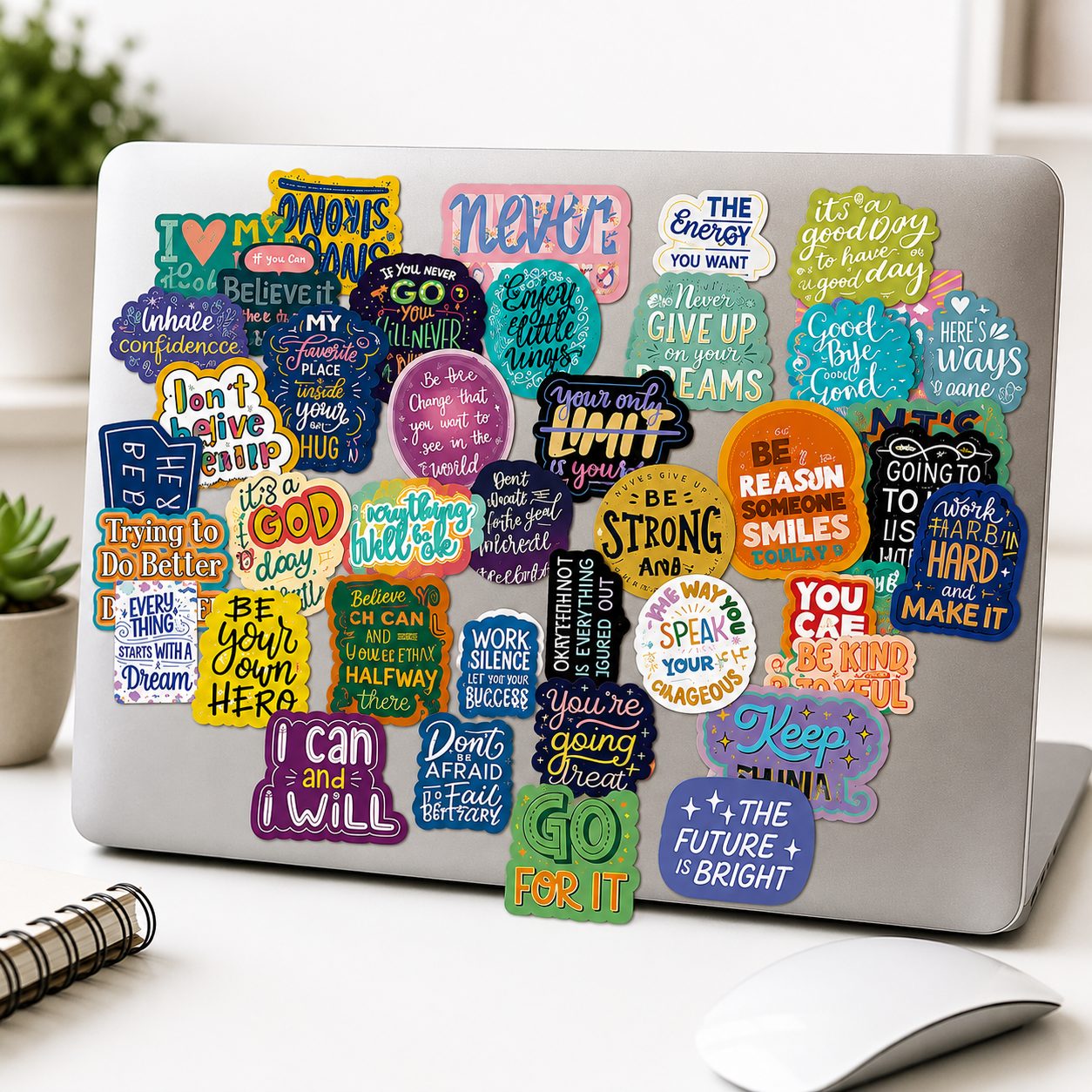 Set 50 Stickere Decorative, cu Mesaje Motivationale si Citate Inspirationale in Limba Engleza, Impermeabile, Aproximativ 5.27 x 5.43 cm, Multicolor