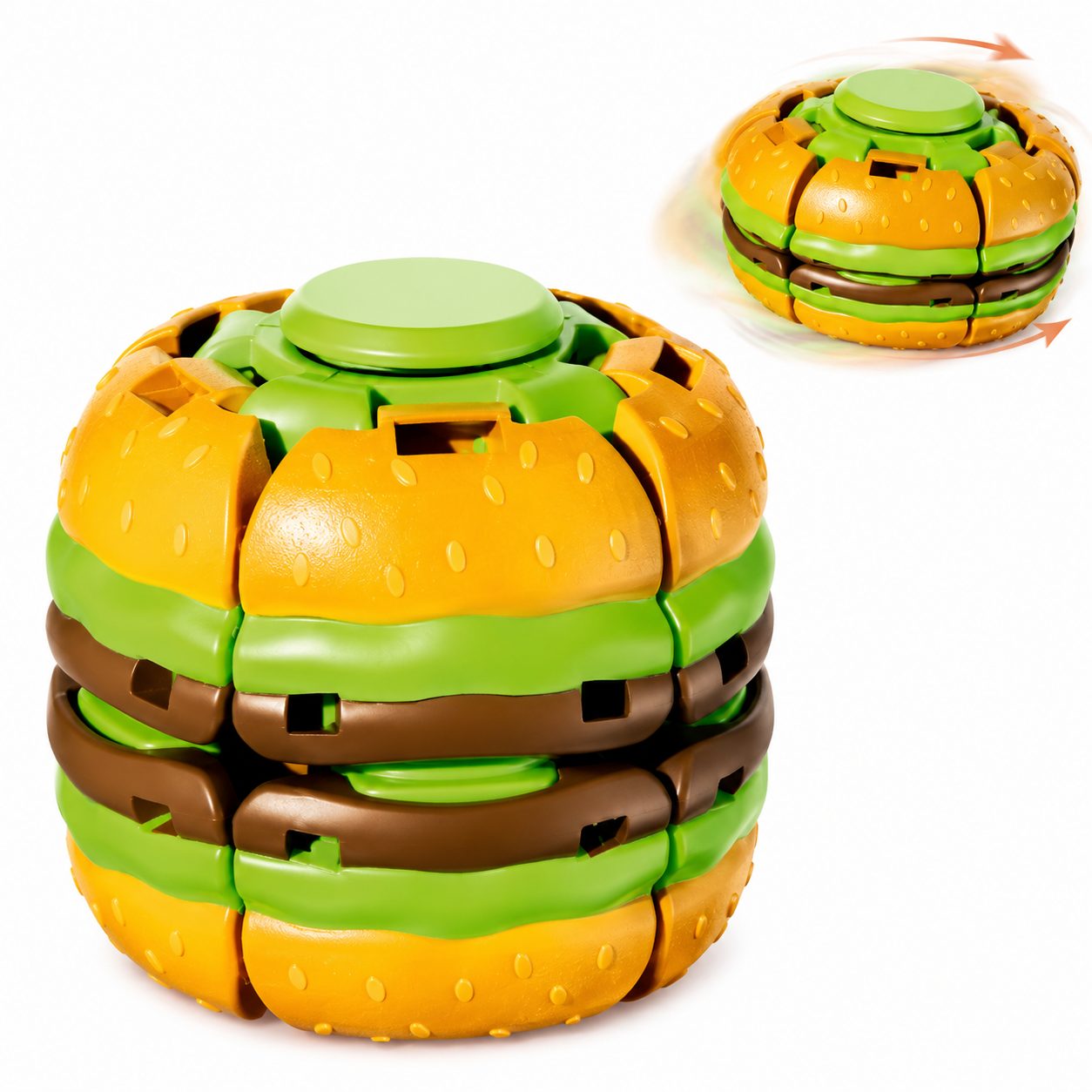 Jucarie Antistres Rotativa, Model Hamburger Spinner Ball, Forma Hamburger, Rotire Manuala, Structura Interactiva, Relaxare si Indemanare, Multicolor