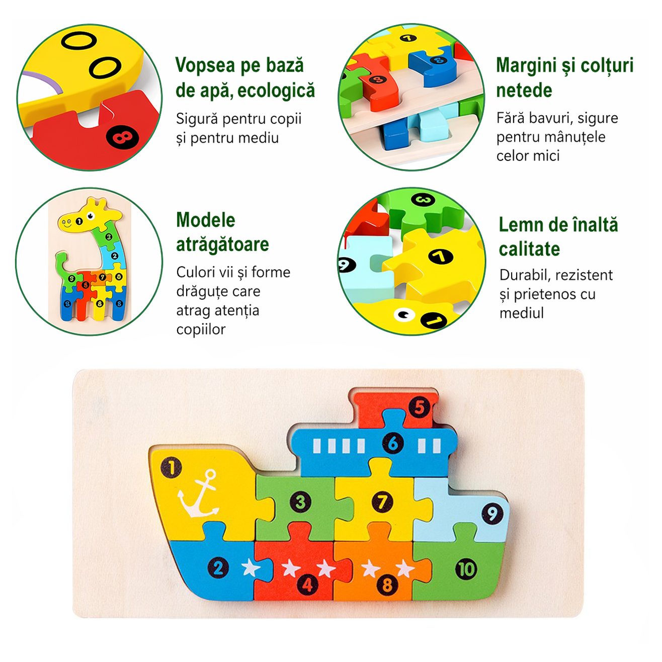 Detaliu puzzle Montessori din lemn multicolor