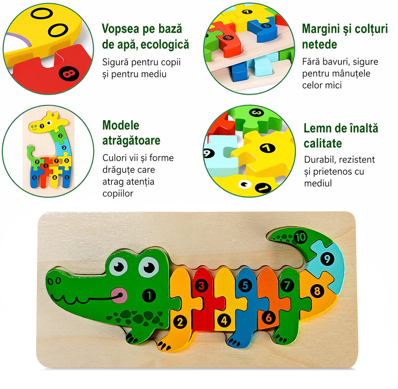Puzzle Crocodil Montessori Dimensiuni și Detalii
