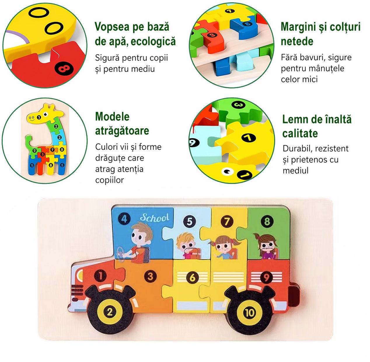 Piese puzzle din lemn naturale și colorate