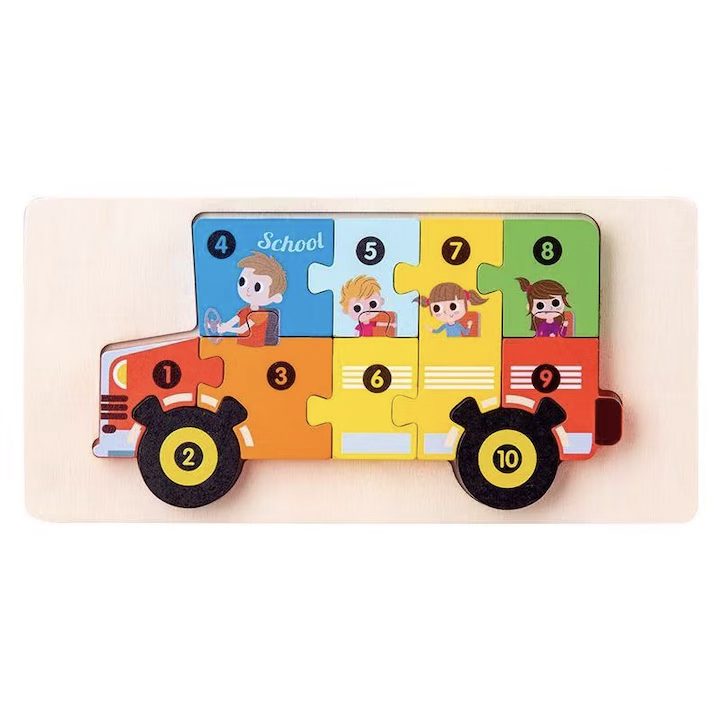 Puzzle din Lemn 3D Montessori Autobuz 