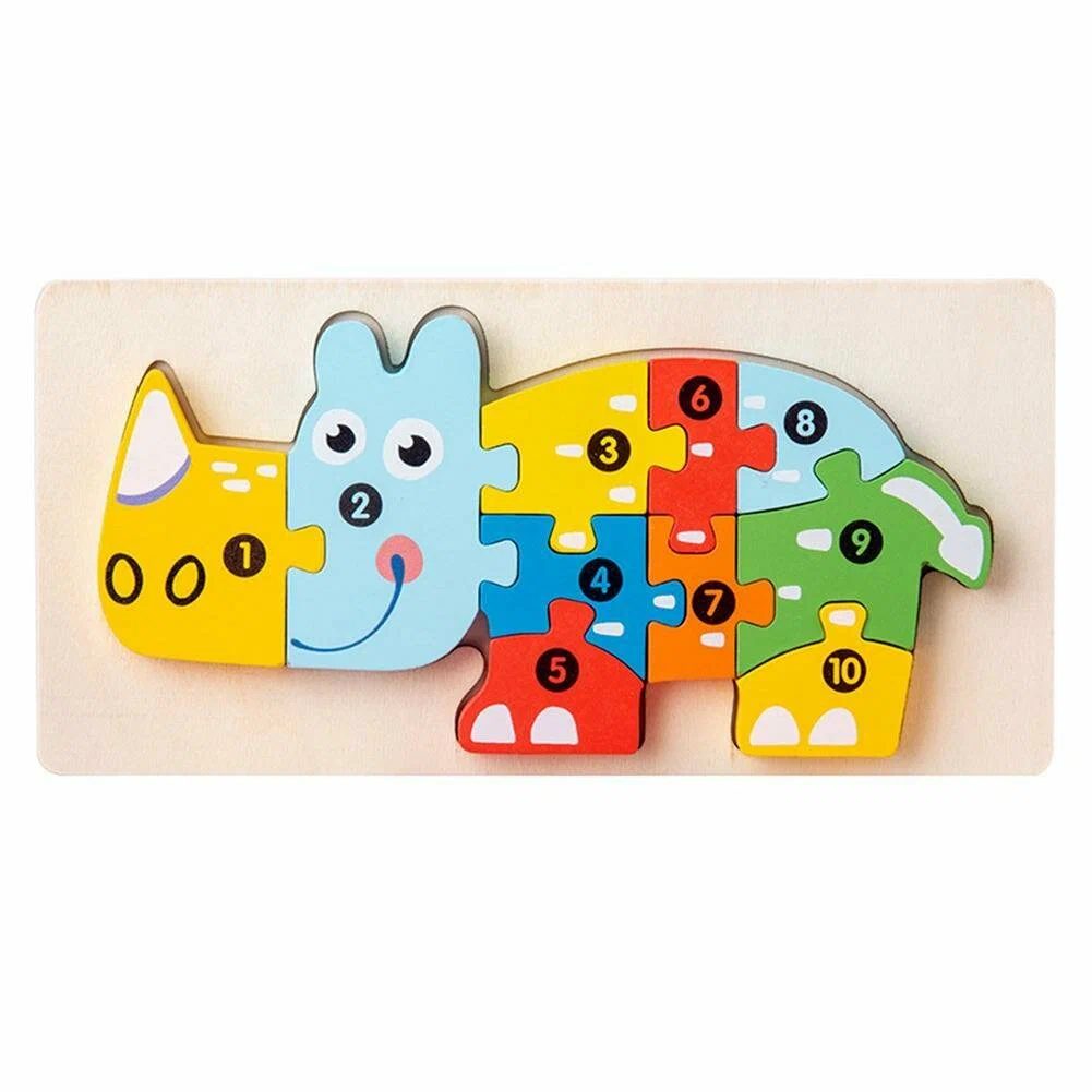 Puzzle din lemn 3D Montessori model rinocer multicolor