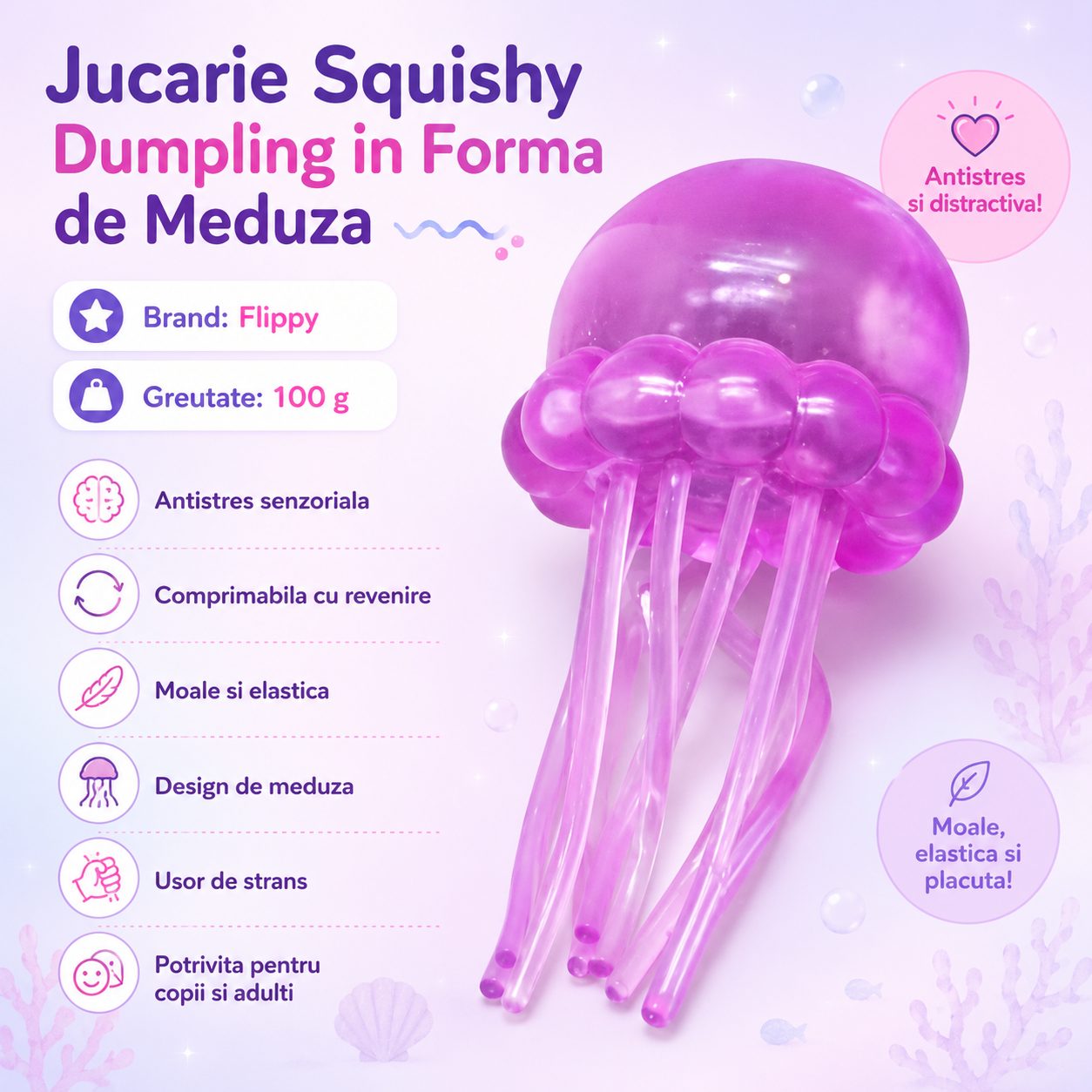 Jucarie Squishy Dumpling in Forma de Meduza, Antistres Senzoriala Comprimabila cu Revenire, 100 g, Roz