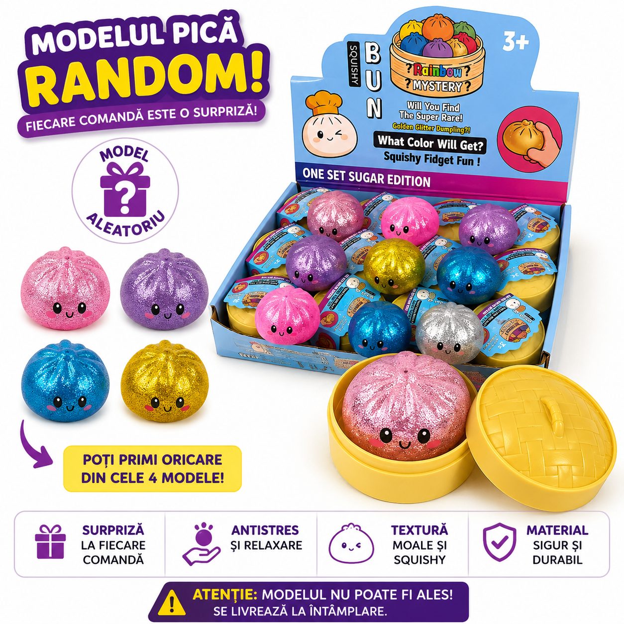 Jucarie Squishy cu Fata Zambitoare si Perle de Apa, 5.5 cm - Mix de culori