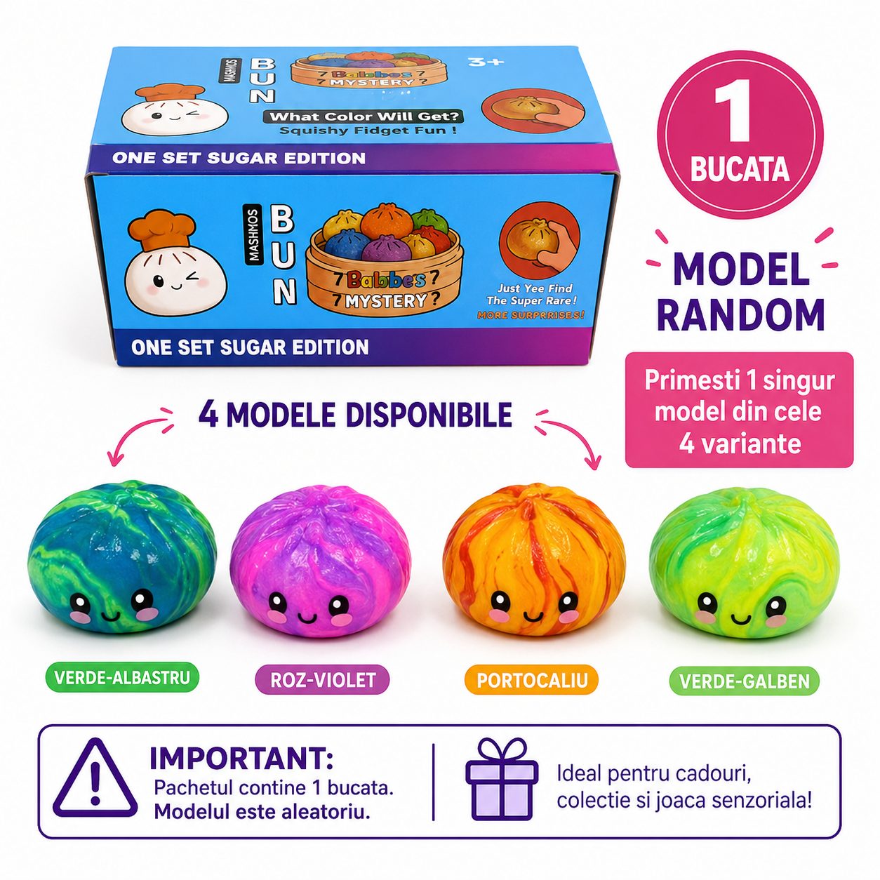 Jucarie Squishy Dumpling Antistres, Model Fata Zambitoare Fosforescenta, 8.5 x 8.5 cm, 165 gr, Culoare Mix Surpriza