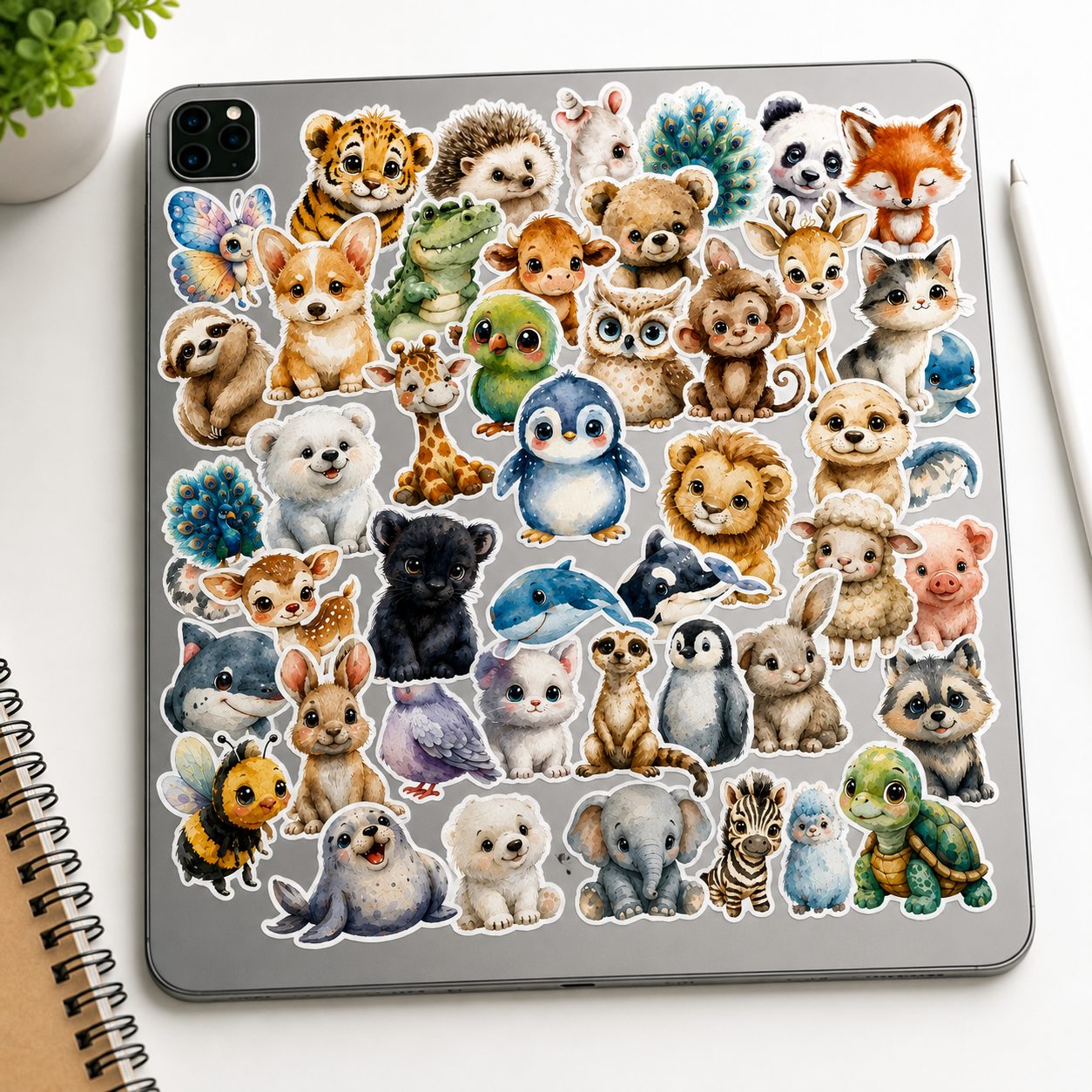 Set 50 Stickere Decorative, Modele Animale Cartoon in Stil Acuarela, Impermeabile, Aproximativ 5.27 x 5.43 cm, Multicolor