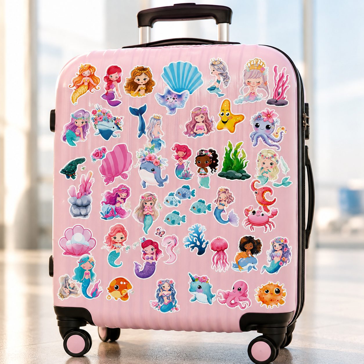 Set 50 Stickere Impermeabile, Model Sirena, Design Cartoon, Autocolante Decorative, Aproximativ 4.6 x 4.7 cm, Multicolor