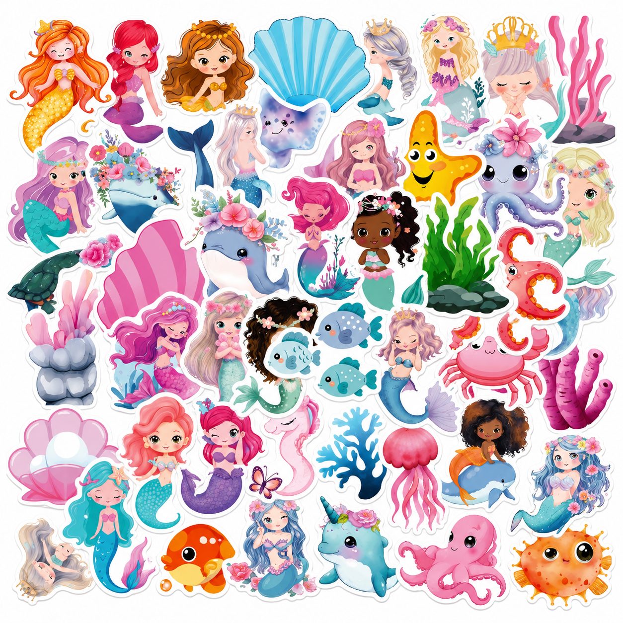 Set 50 Stickere Impermeabile, Model Sirena, Design Cartoon, Autocolante Decorative, Aproximativ 4.6 x 4.7 cm, Multicolor