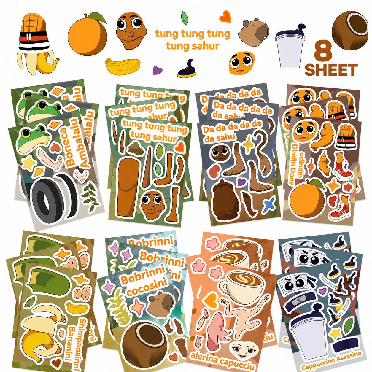 Set Stickere Decorative, 8 Modele Mix & Match cu Personaje Amuzante, DIY, 11 x 16 cm, Multicolor
