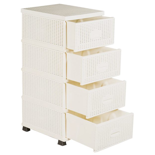 Organizator cu 4 Sertare din Plastic, Aspect Ratan, Crem
