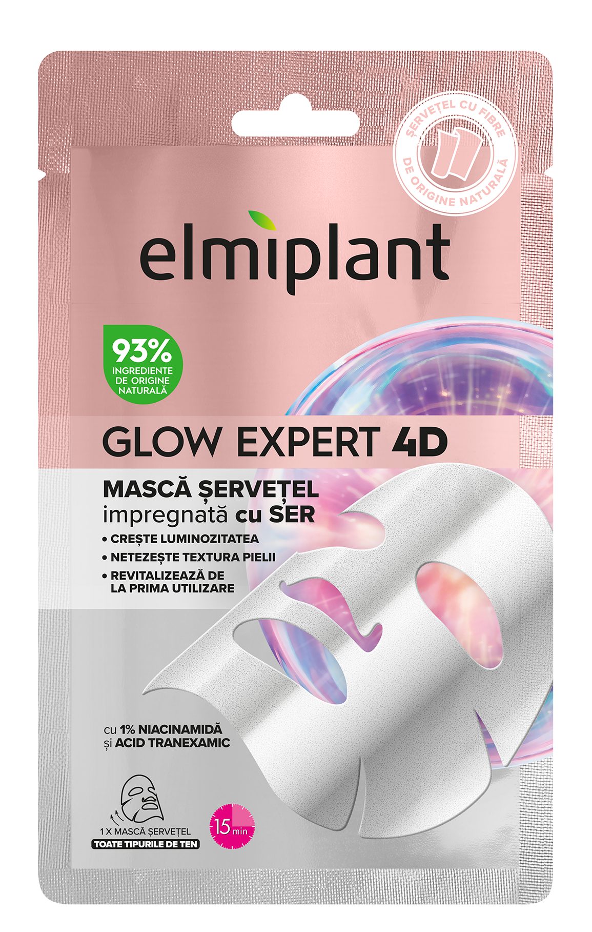 Masca Servetel Elmiplant Glow Expert 4D cu ser pentru fata