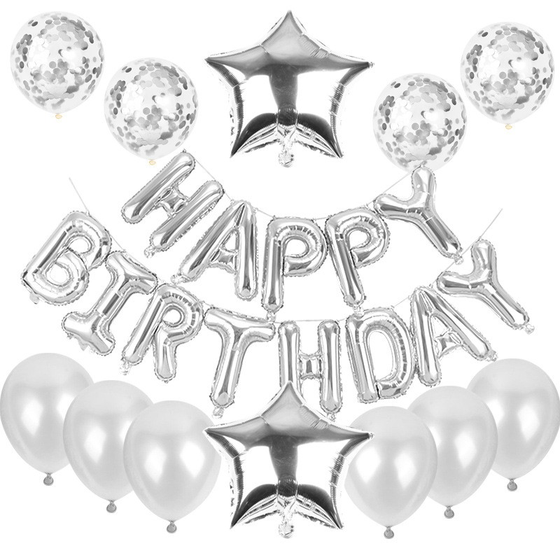 Set baloane folie metalizata Happy Birthday argintiu cu latex confetti