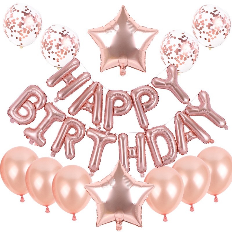 Set baloane folie HAPPY BIRTHDAY roz cu latex și stelute