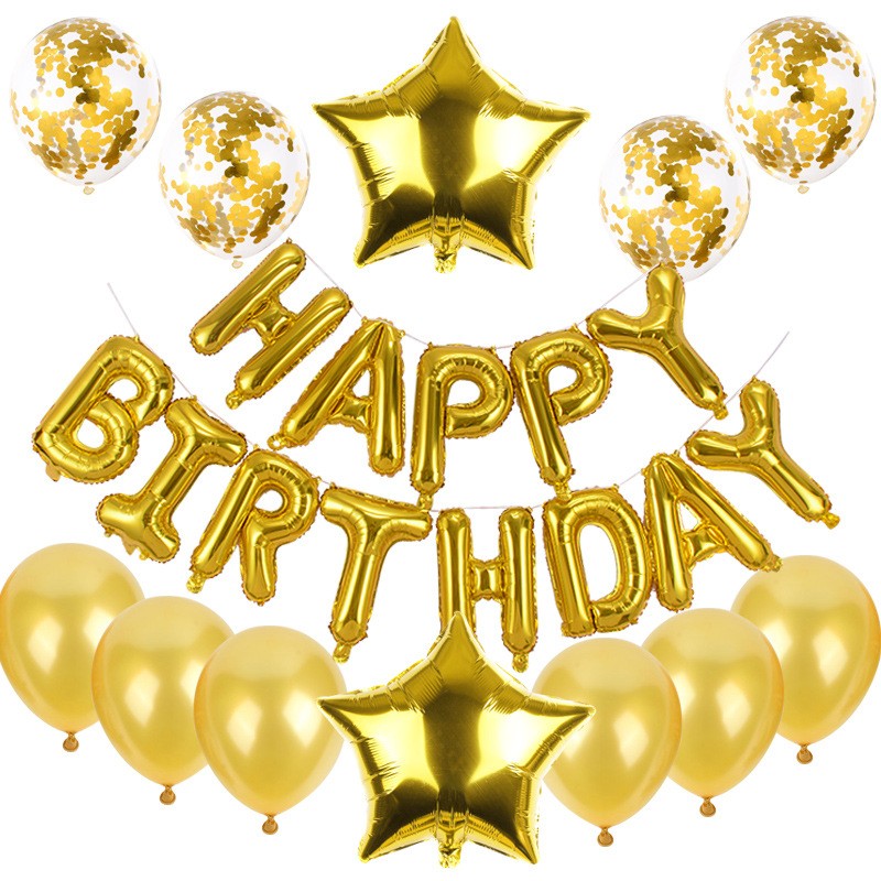 Set baloane Happy Birthday auriu cu latex și folie metalice