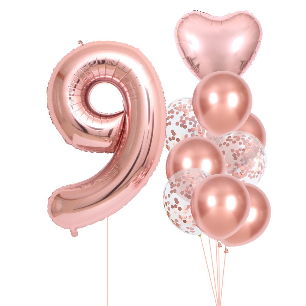 Set 10 Baloane Folie și Latex Tematică Aniversare Roz Pălat Cifra 9