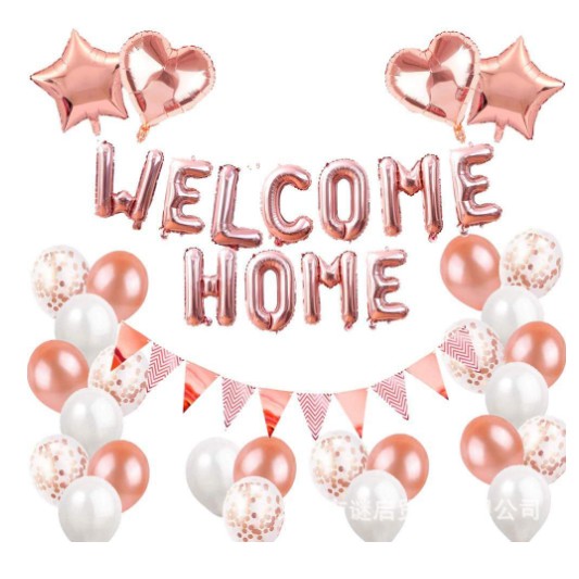 Set baloane folie si latex WELCOME HOME 24 piese rose gold